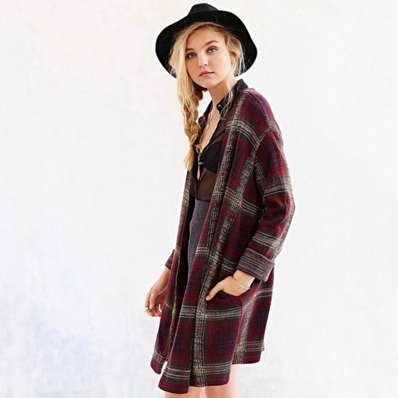 UNIF Nevermind Duster Oversized Tartan Plaid Cardigan Jacket Burgundy Small - Picture 3 of 16